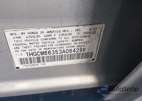 2003 Honda Accord 3.0 Lx z USA, uszkodzony, nr VIN 1HGCM66353A064296
